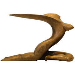 Mid-20th Century Modern Hand Carved Wooden Female Nude Sculpture