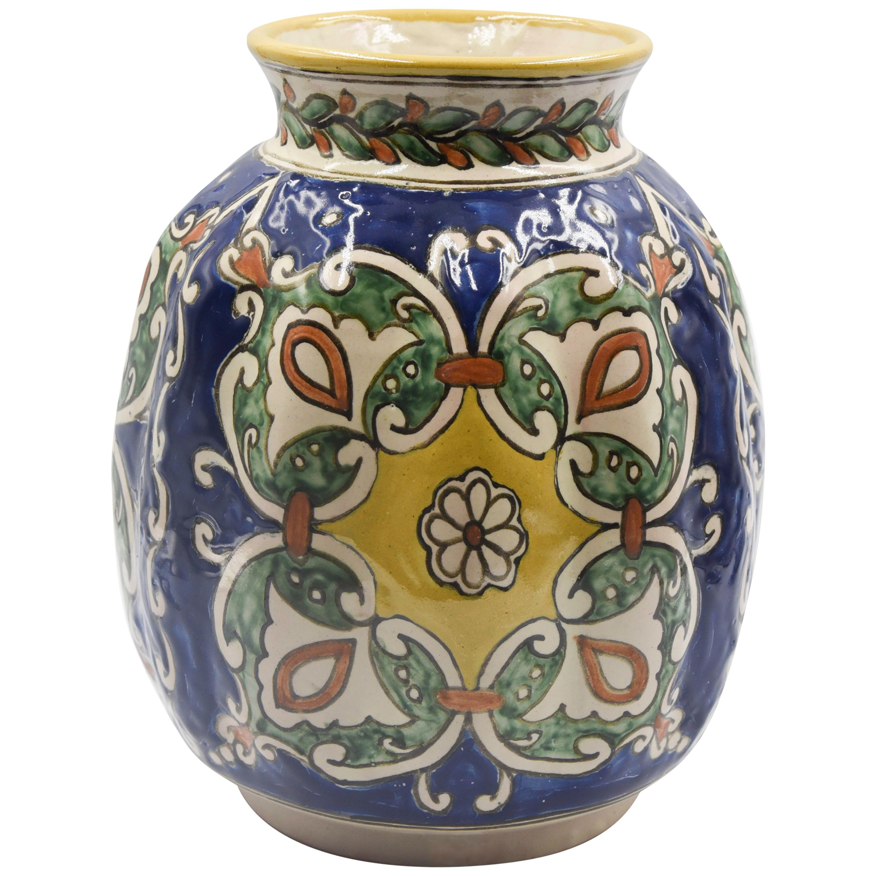 Authentic Talavera Decorative Vase Folk Art Vessel Mexican Ceramic Blue White