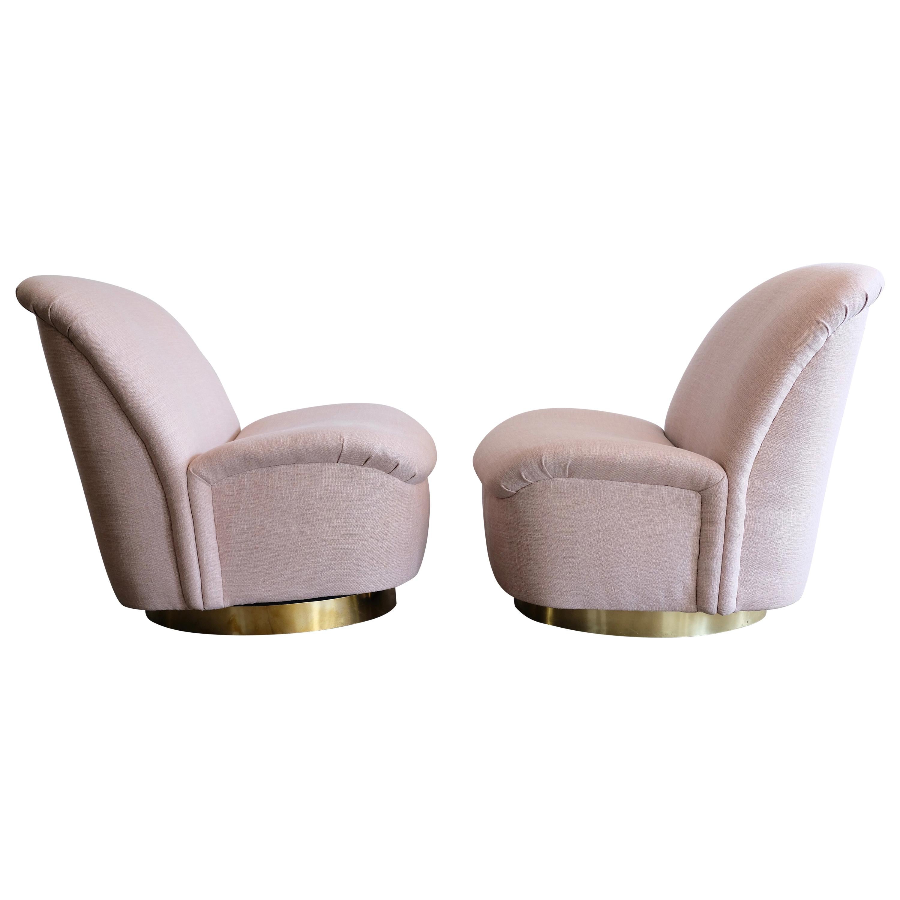 Pair of Directional Swivel Lounge Chairs in Pink with Brass Base