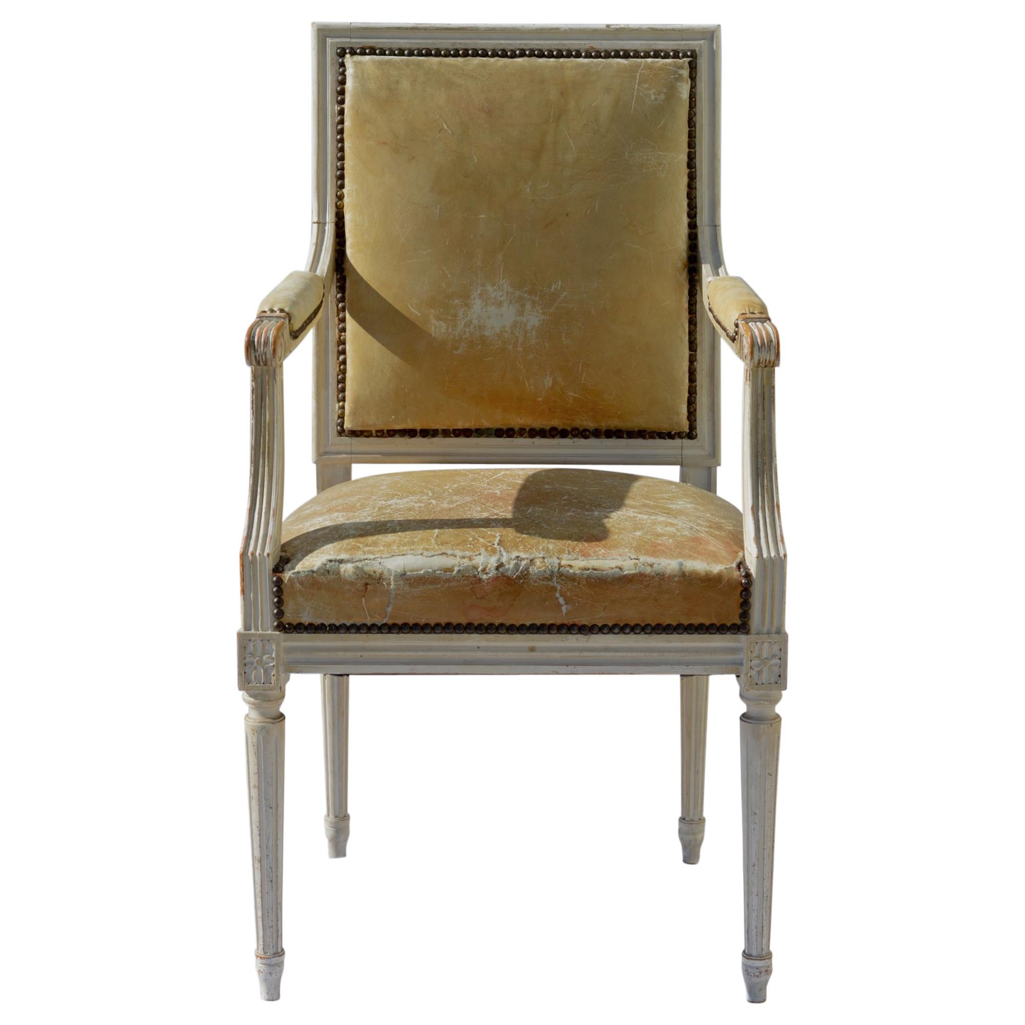 Painted French Louis XVI Style Desk Chair in Old Leather