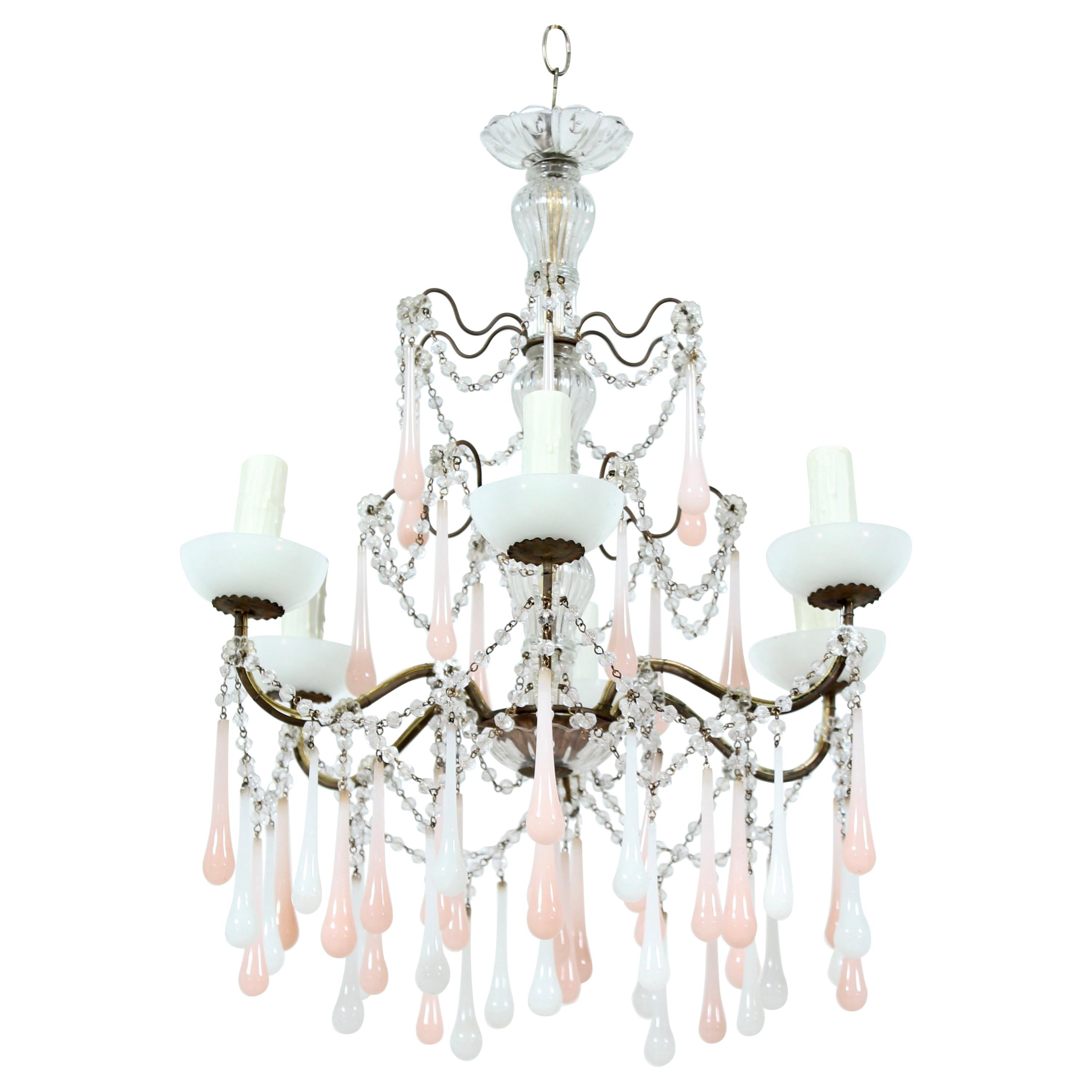 Italian Pink and White Opaline Crystal Beaded Chandelier