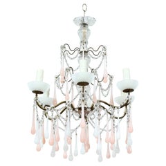 Italian Pink and White Opaline Crystal Beaded Chandelier