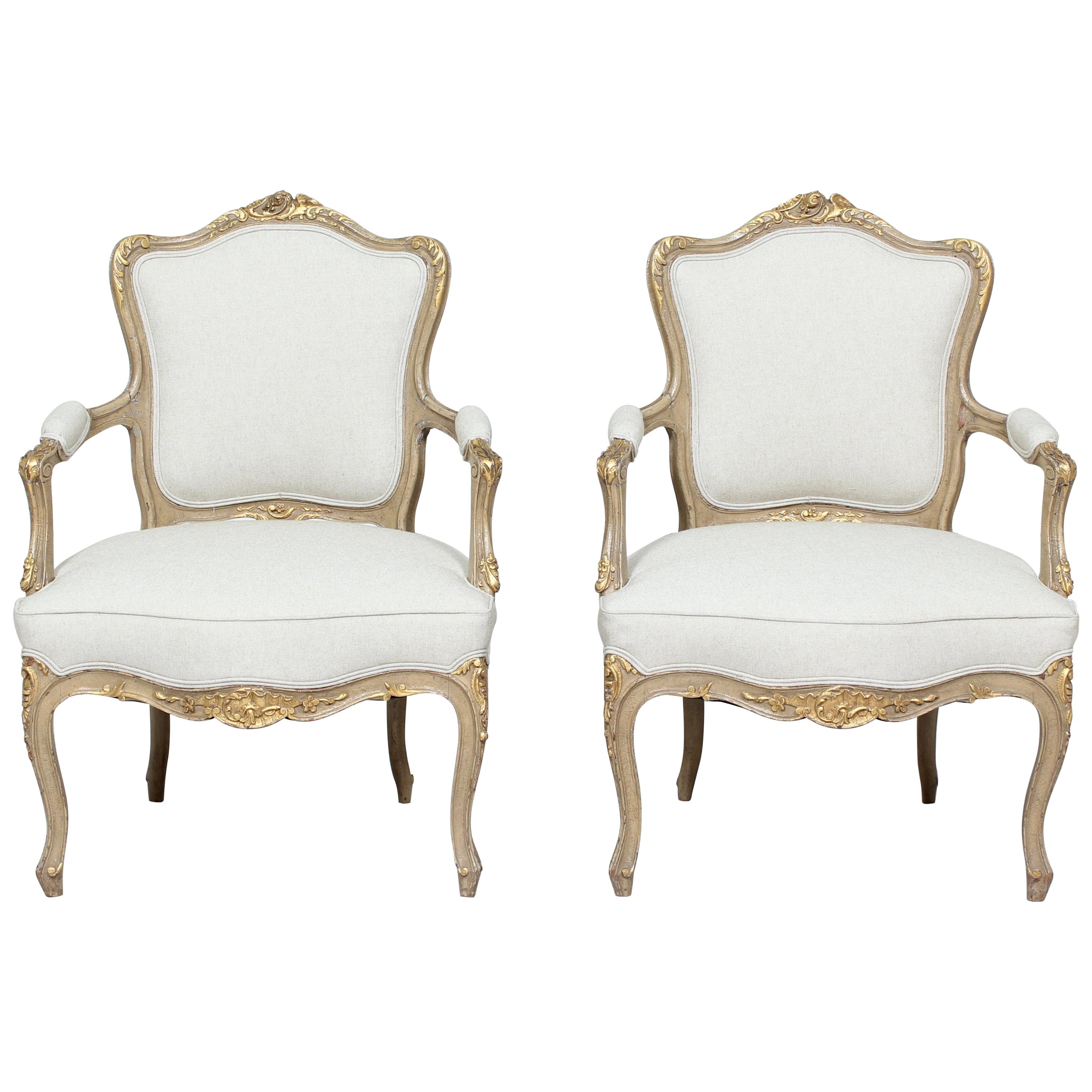 1920s French Louis XV Painted and Parcel-Gilt Armchairs, Pair