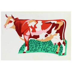 Vintage Colorful Plastic Wall Art Illustration of Cow, Czechoslovakia, 1960