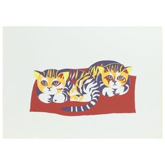 Vintage Colorful Plastic Wall Art Illustration of Two Cats, Czechoslovakia, 1960