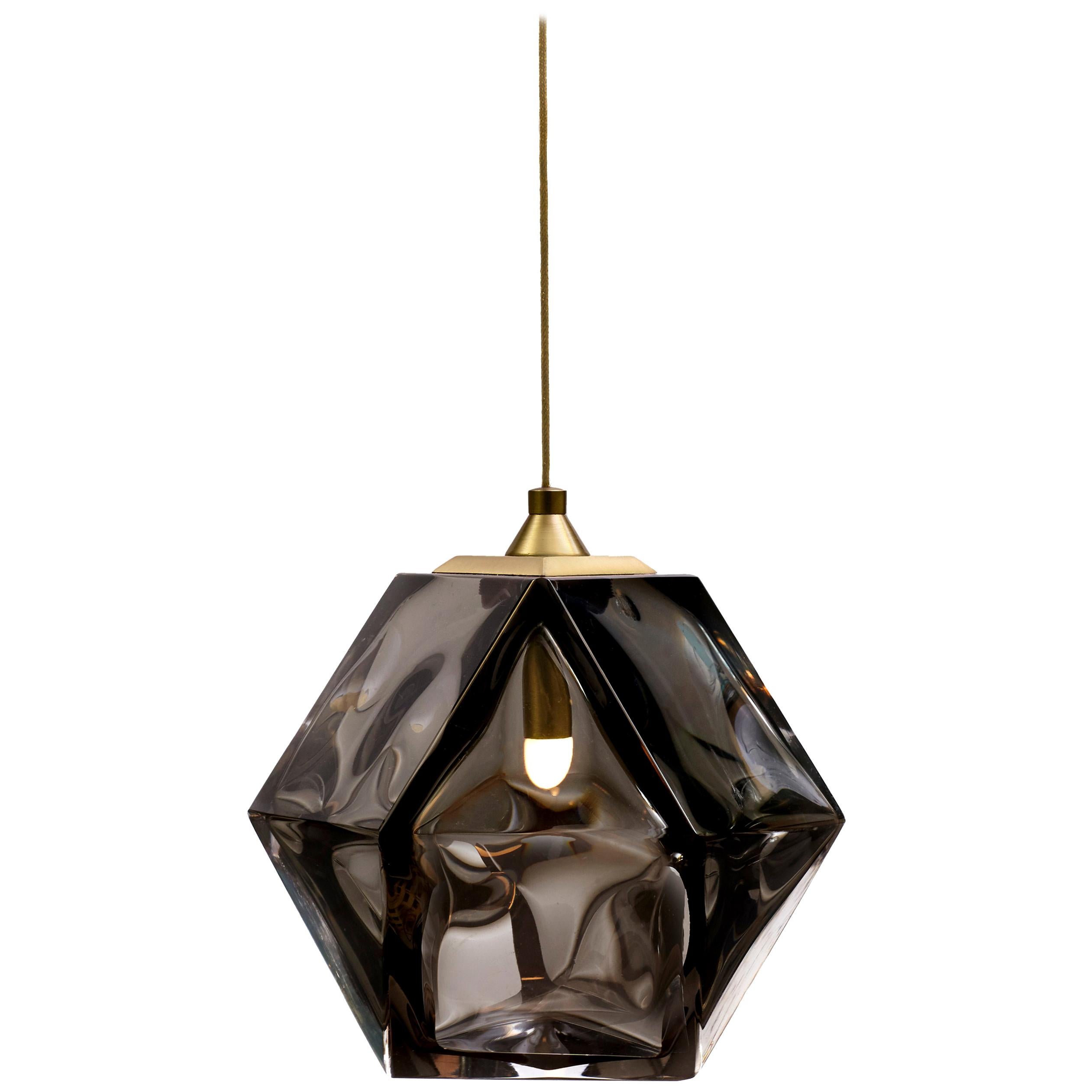 Welles Double Blown Glass Pendant in Brass and Smoked Glass by Gabriel Scott