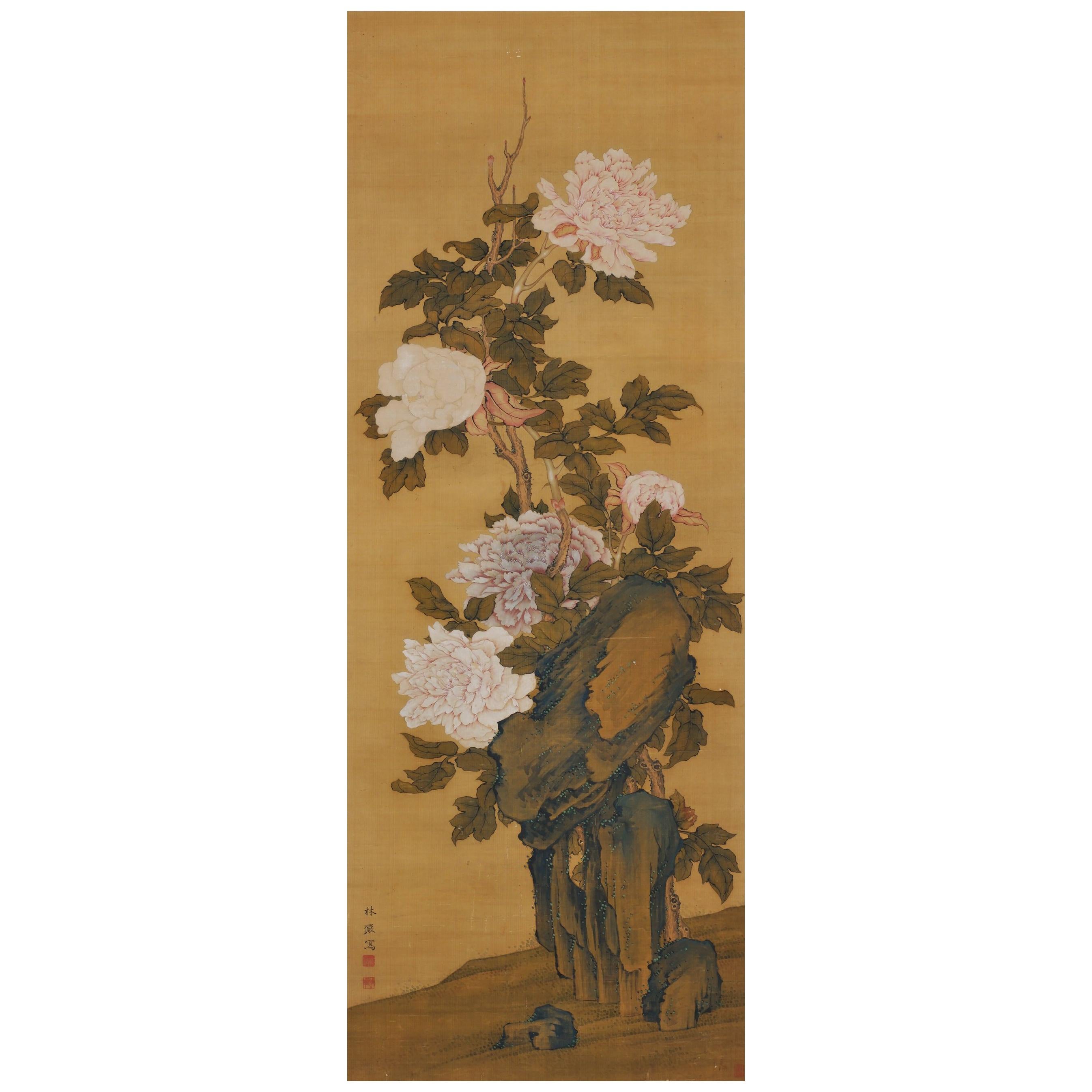 19th Century Japanese Scroll Painting. Peonies. Hayashi Chisen, Nanpin School