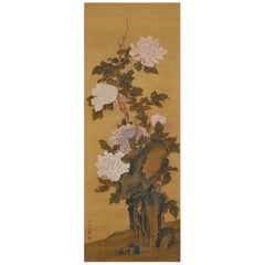 19th Century Japanese Scroll Painting. Peonies. Hayashi Chisen, Nanpin School