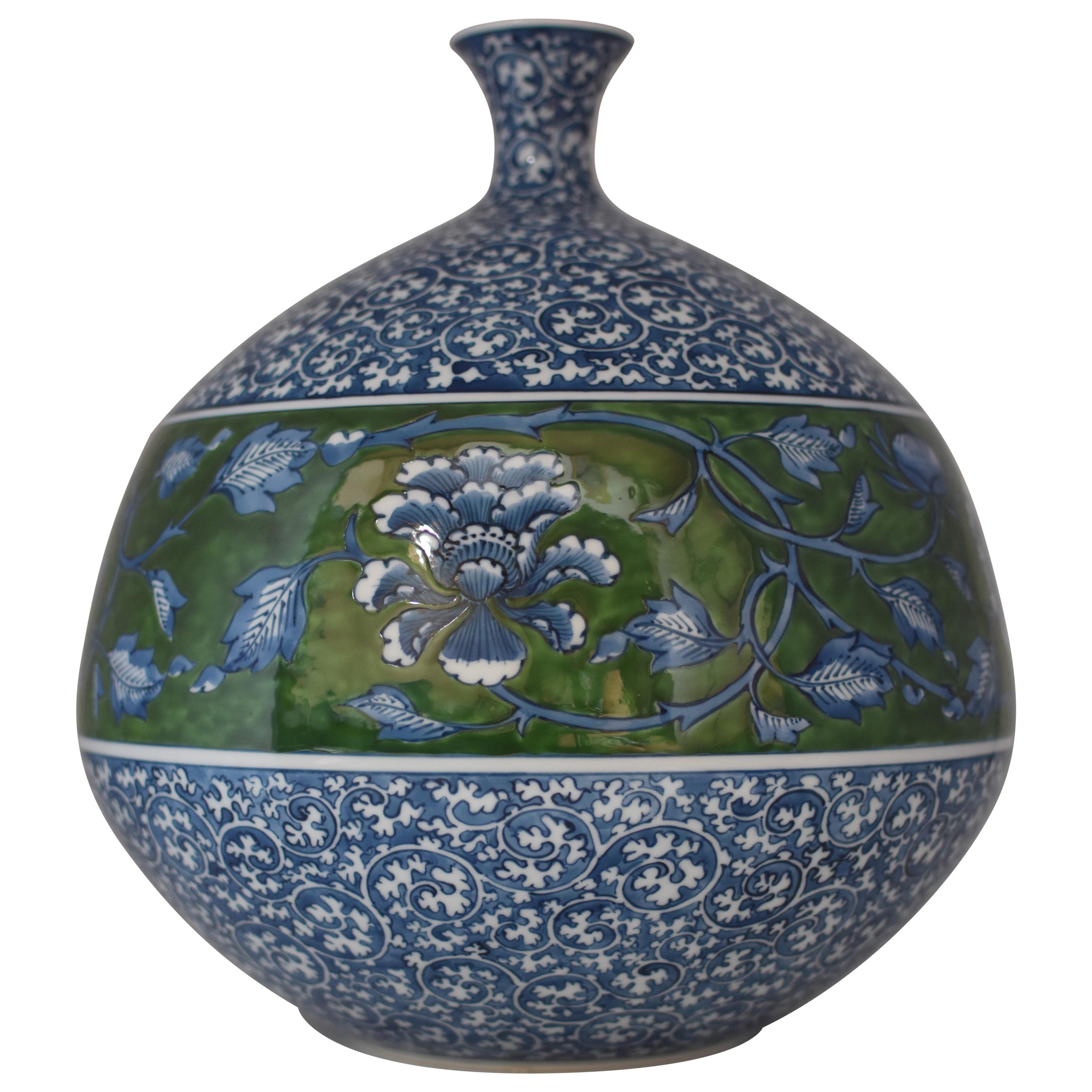 Japanese Large Blue Green Porcelain Vase by Contemporary Master Artist