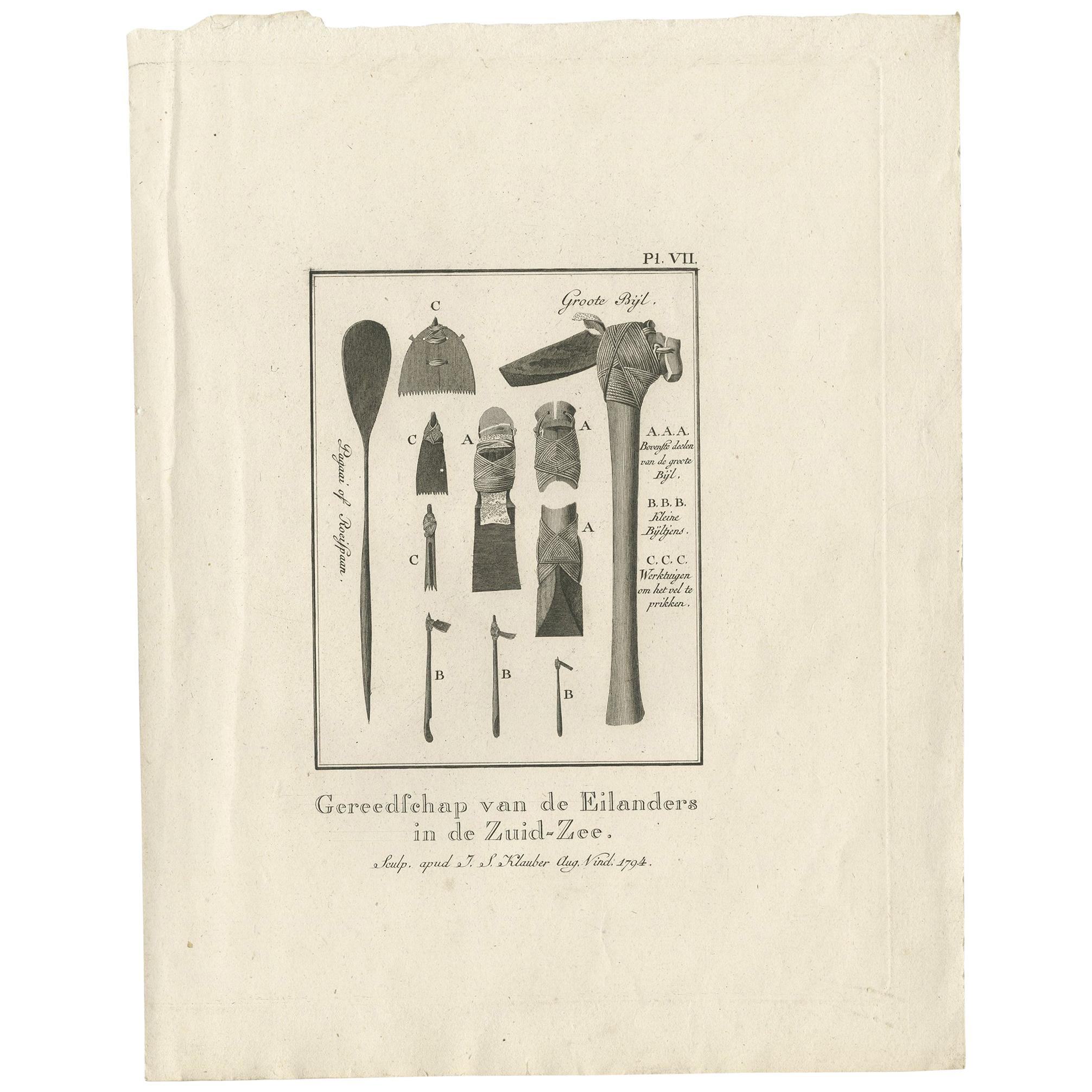 Gravure ancienne représentant divers outils par Cook, 1803