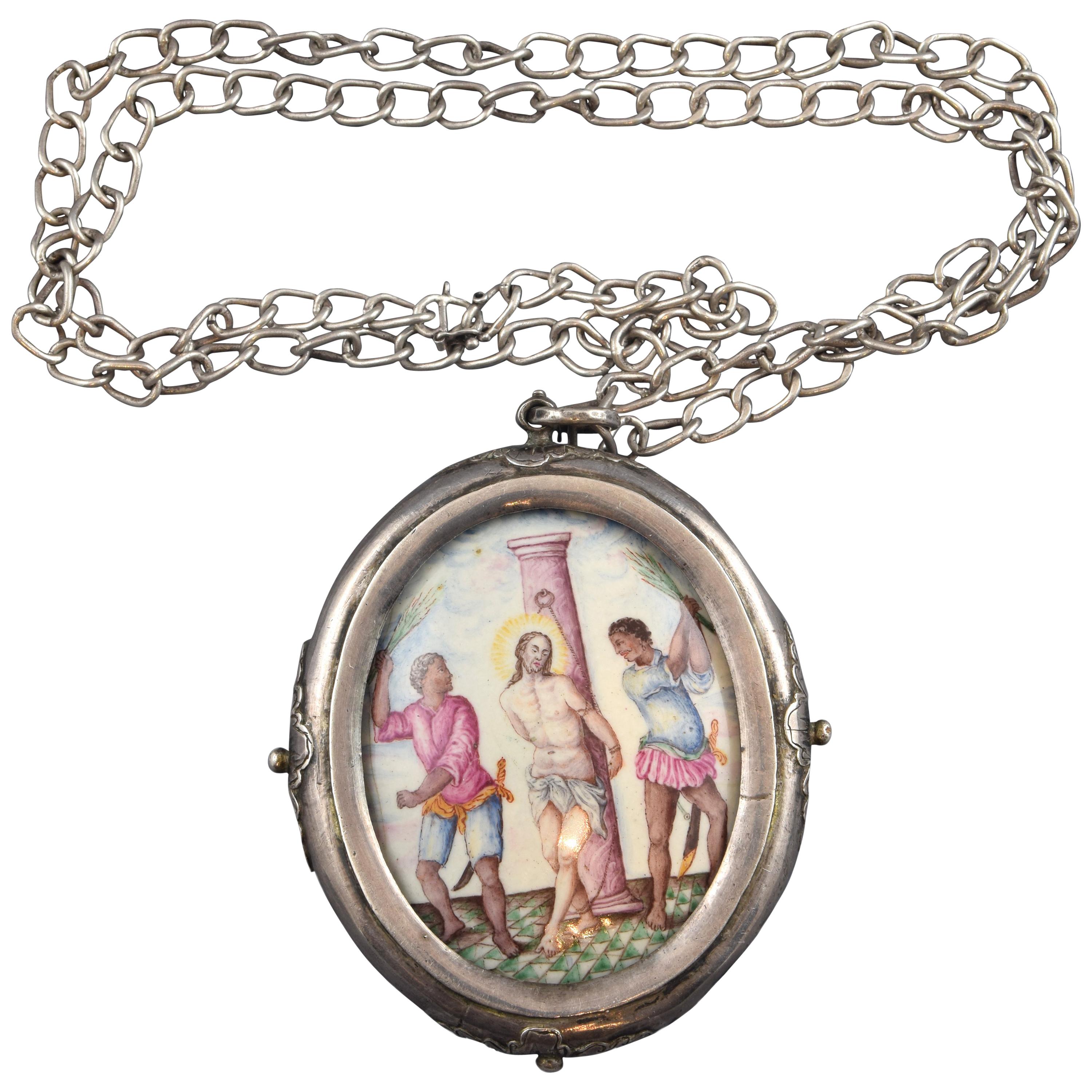 Reliquary Pendant, Flagellation of Christ, Silver, Enamel, 16th Century For Sale