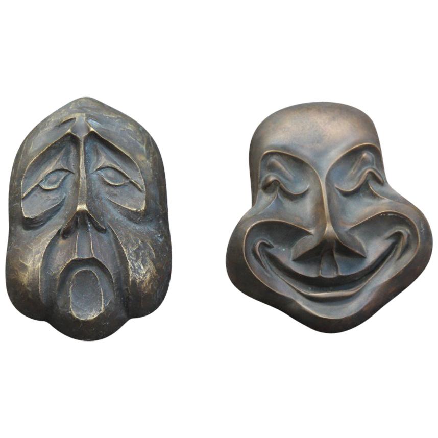 Bronze Clown Masken mit niedrigem Relief, italienisches Design, signiert BRONZARTE, 1960er Jahre