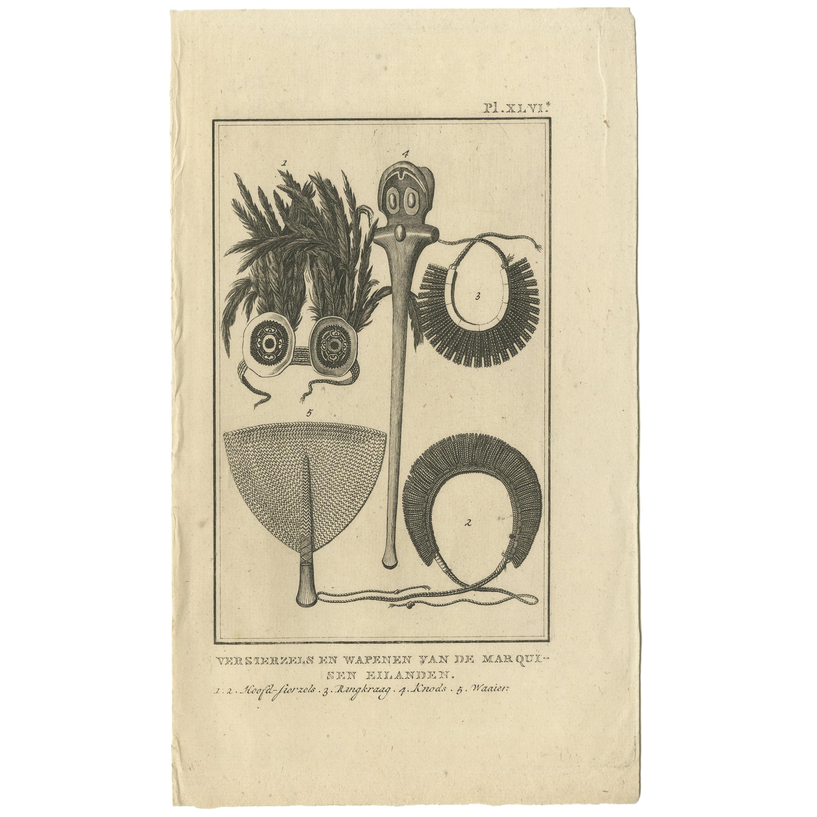 Antique Print depicting Weapon Decorations of the Marquesas by Cook '1803' For Sale