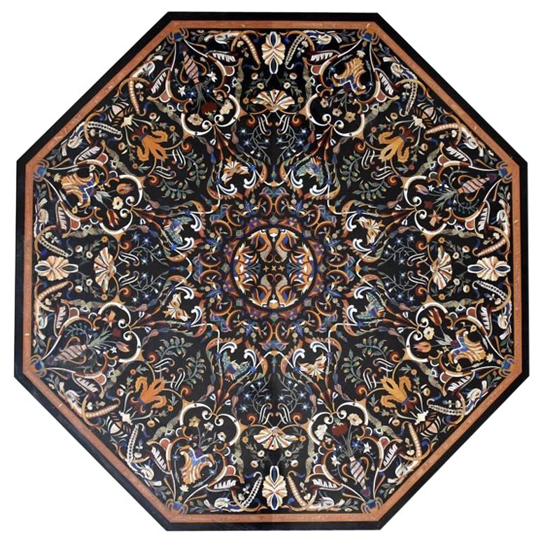 Octagonal Italian Pietre Dure Semiprecious Hardstone Inlay Black Marble Tabletop For Sale