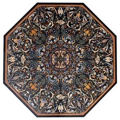 Octagonal Italian Pietre Dure Semiprecious Hardstone Inlay Black Marble Tabletop