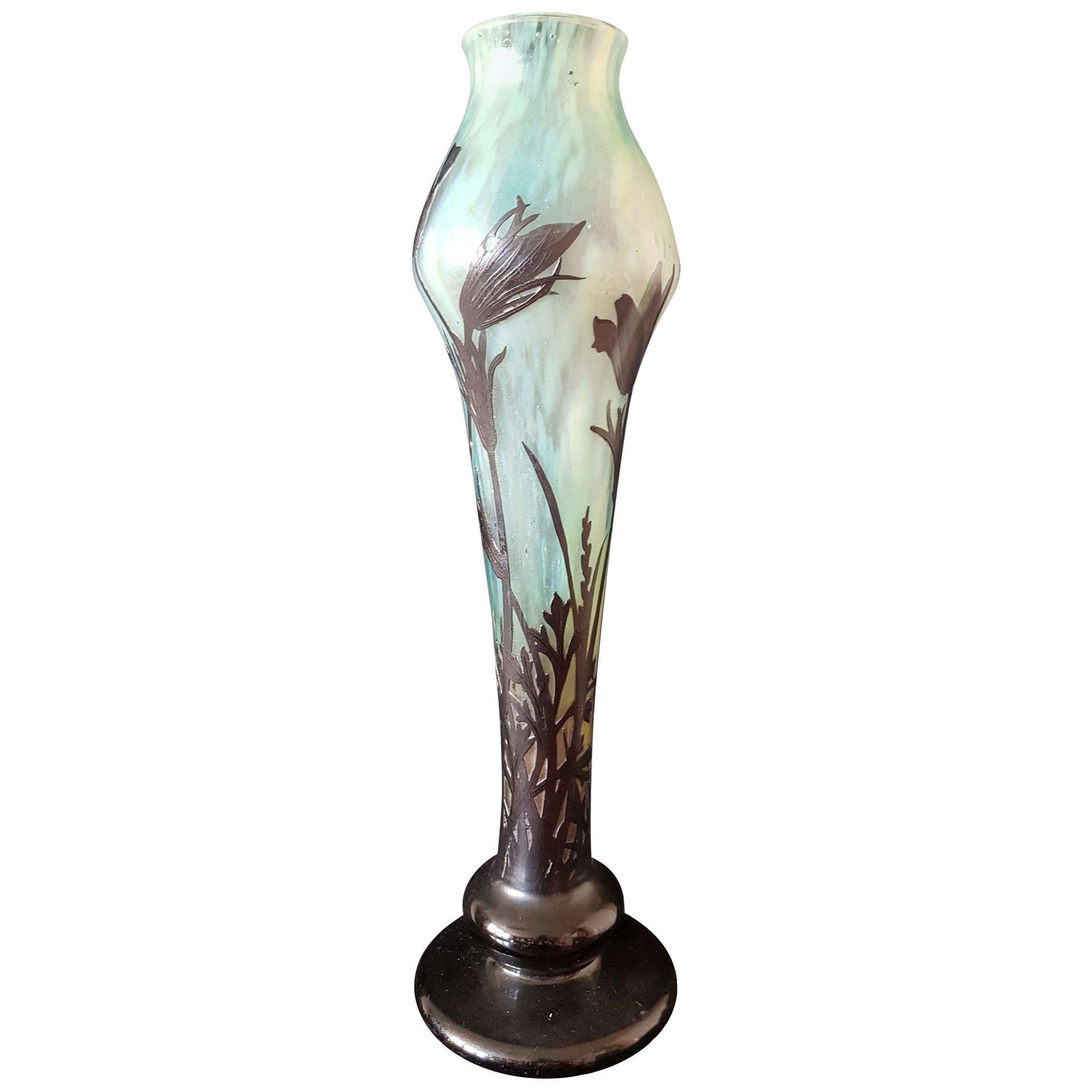 Daum Art Nouveau France Tulip Light Blue Glass Vase, 1900s For Sale