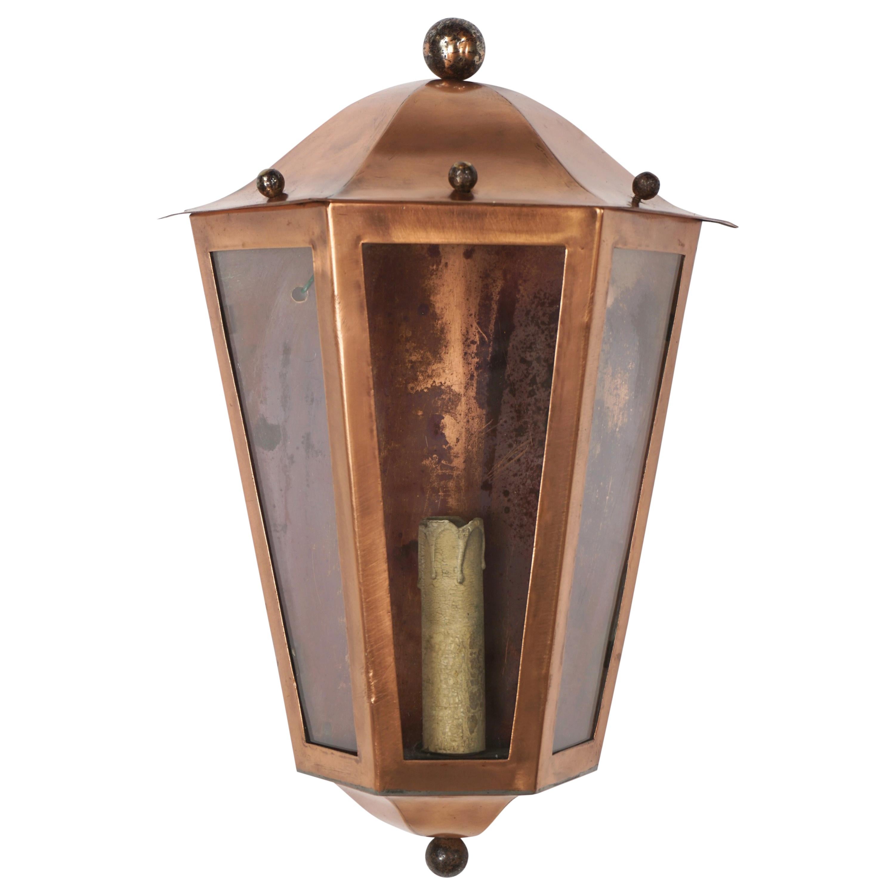 French Design Copper and Glass Lantern Pair of Wall Light