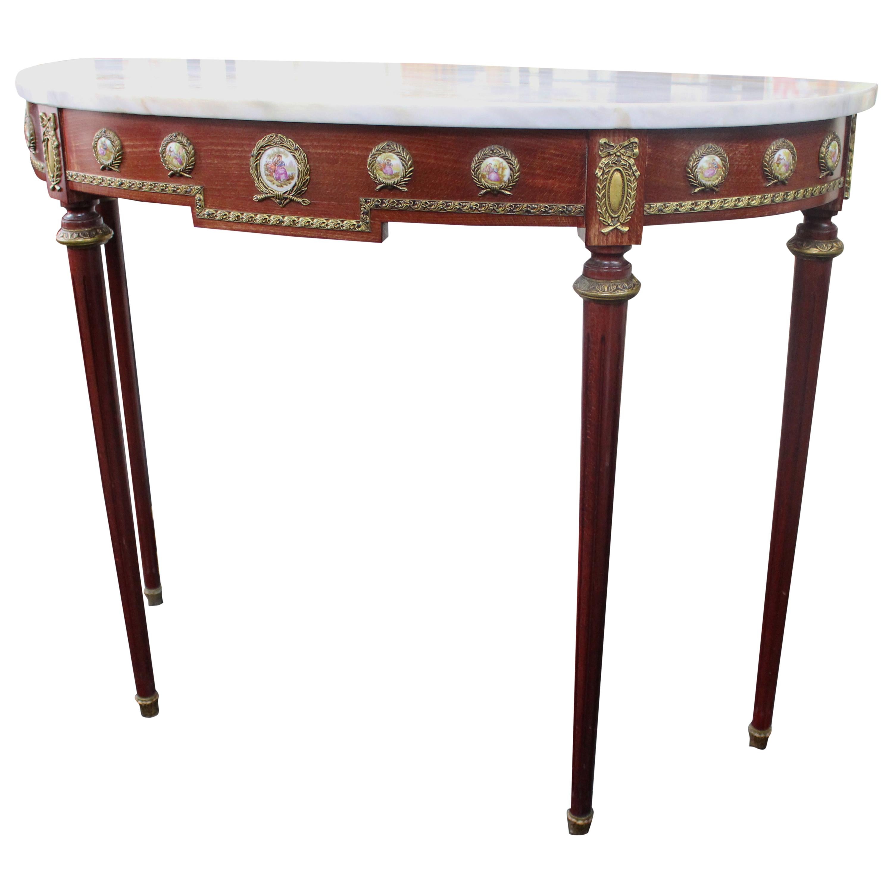 Decorative Marble-Topped Side Table with Porcelain Panels