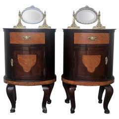 Antique Art Deco Style Marquetry Nightstands with Metal and Mirror Crest, Pair