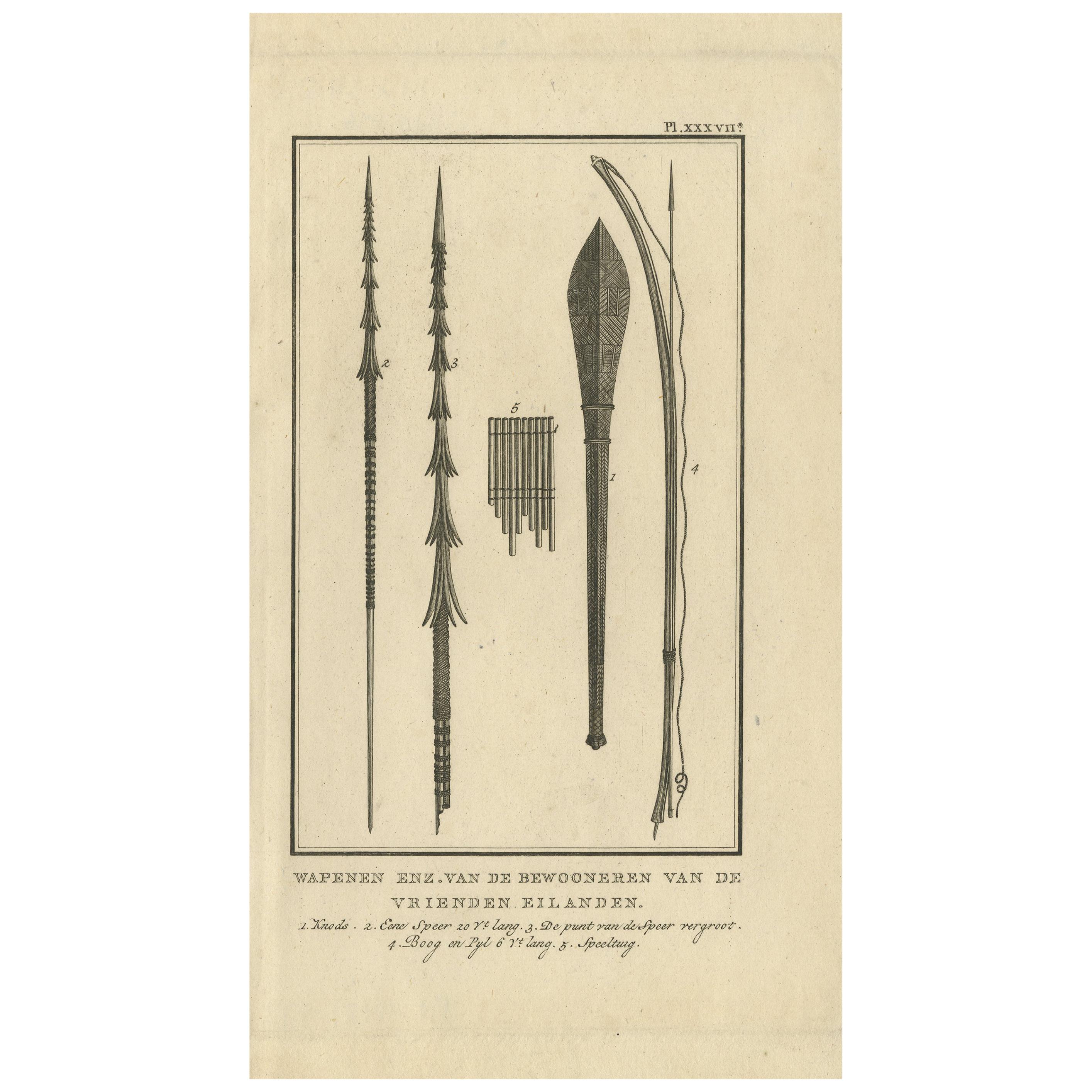 Antique Print Depicting Weapons of the Friendly Islands by Cook, 1803 For Sale
