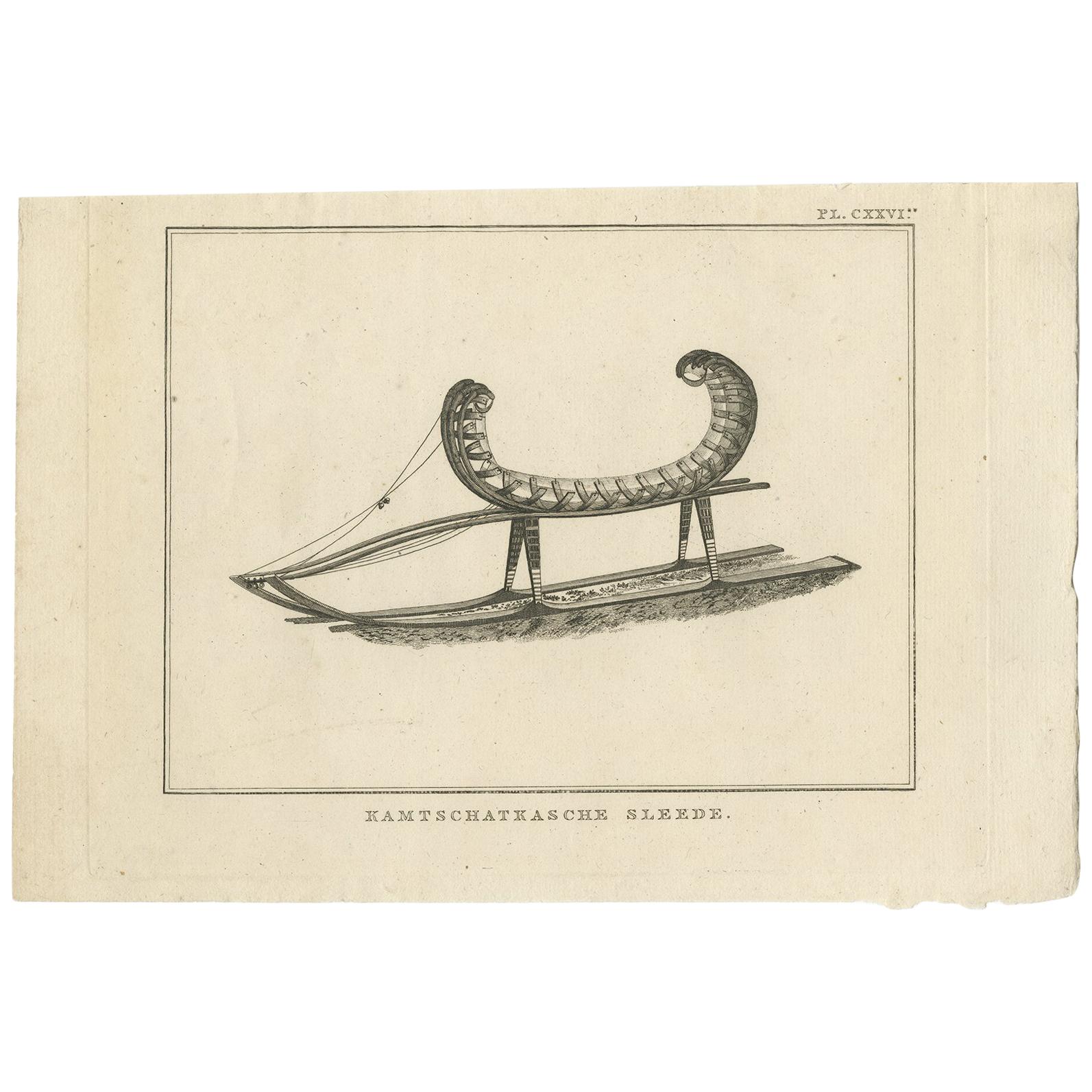 Antique Print of a Kamchatka Sleigh by Cook, 1803