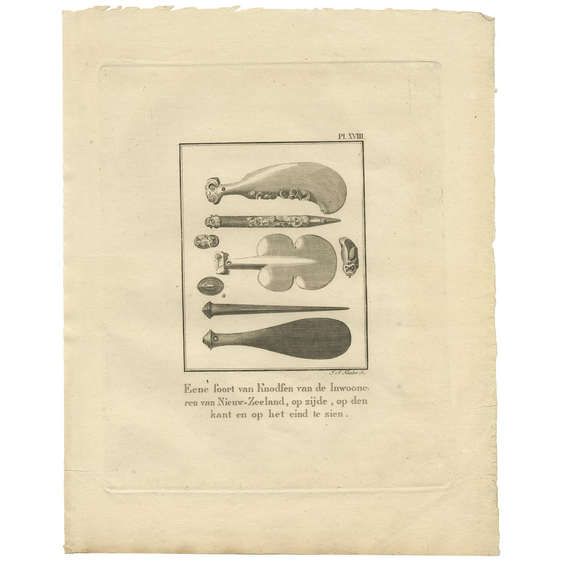 Antique Print of Some Kind of 'Clubs' from New Zealand by Cook, 1803