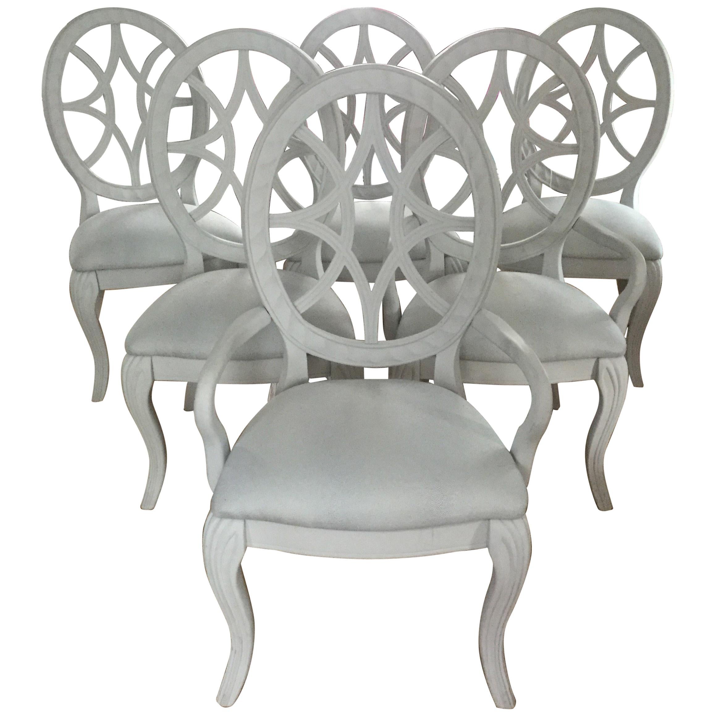 Pretty Set of 6 Oval Back Dove Grey Painted Dining Chairs