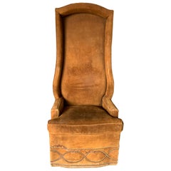 Lange Brown Mid-Century Modern Suede Throne Armchair