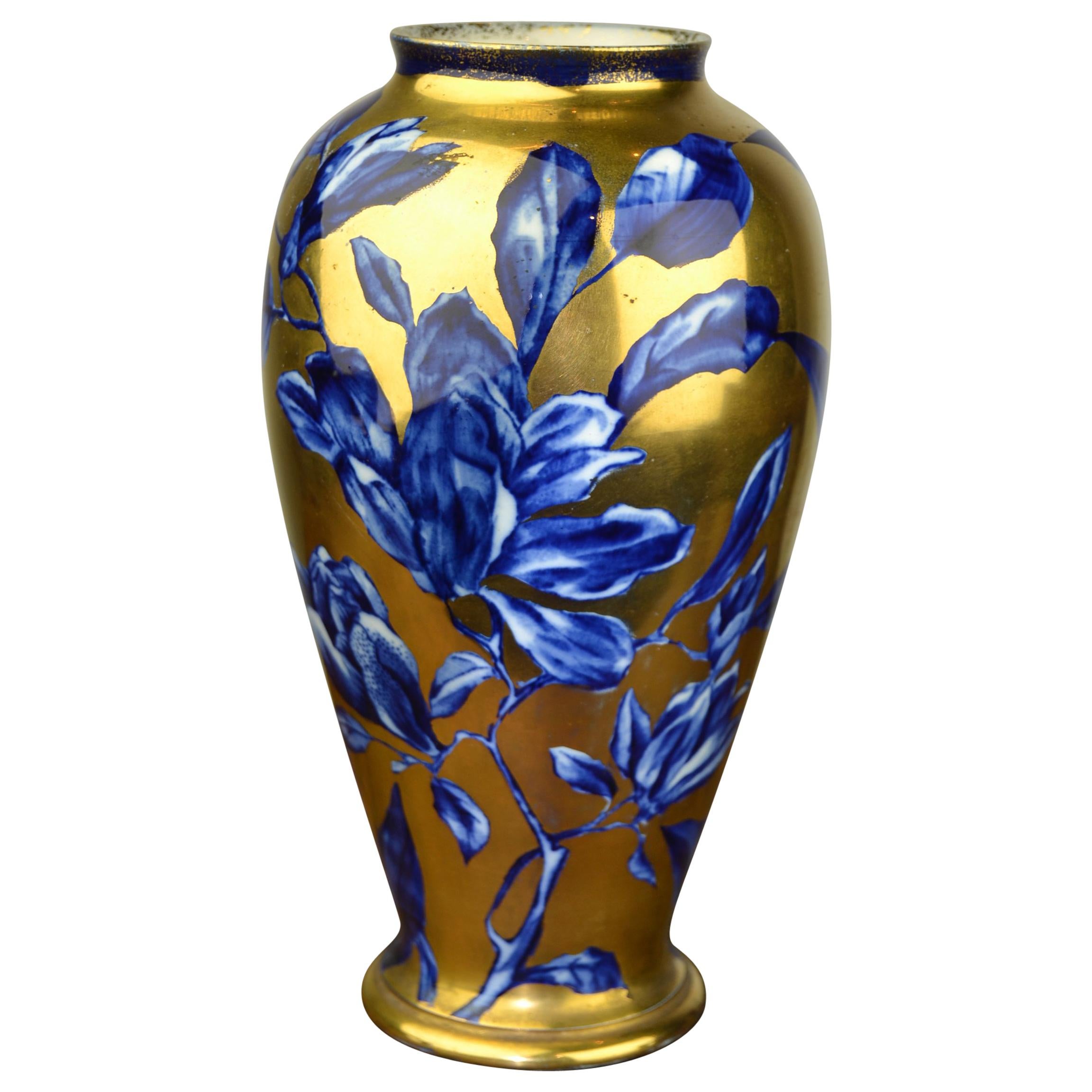 Antique English Thomas Forester Vase , Blue with Gold Floral Design, circa 1910