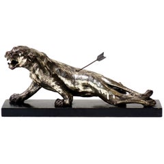 Art Deco Silver Earthenware Panther Figure Sculpture