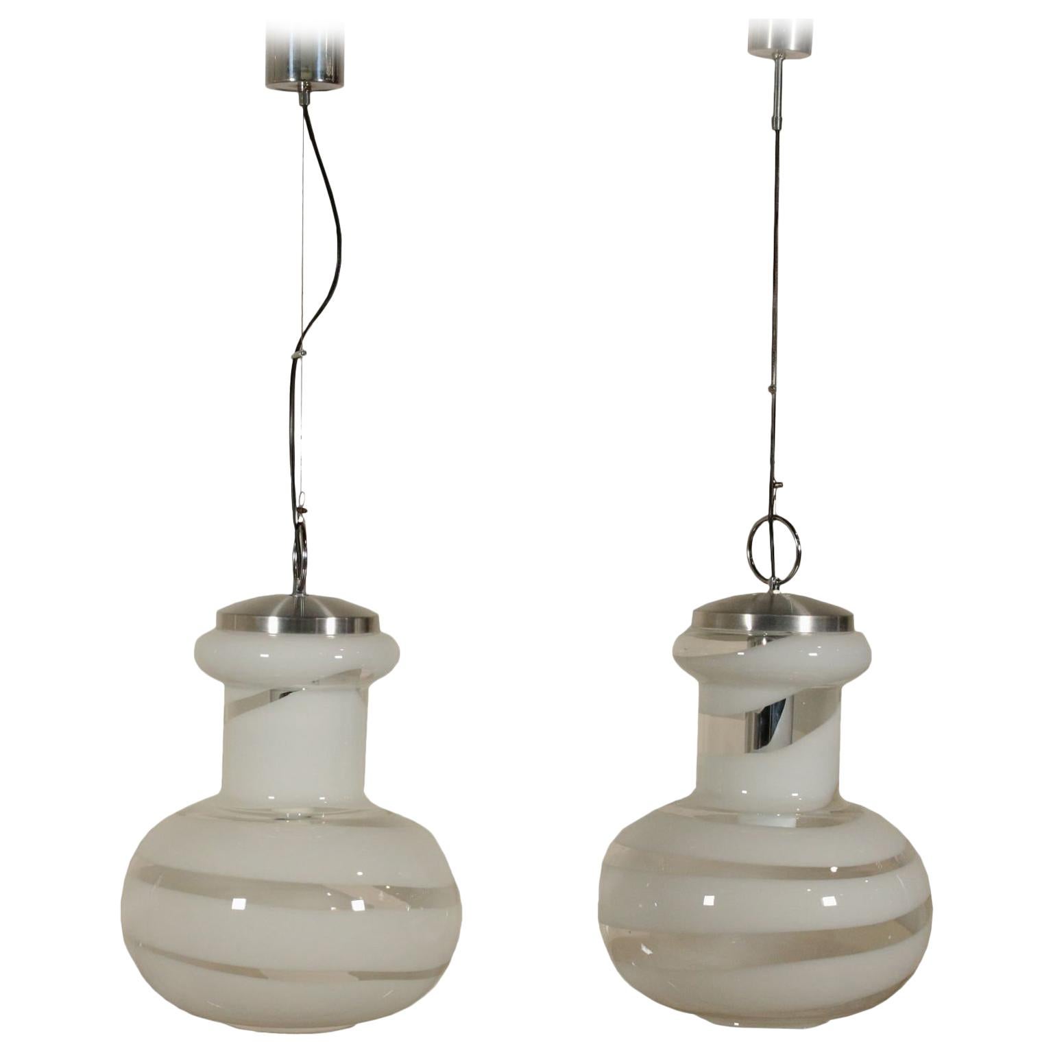 Pair of Ceiling Lamps Metal Blown Glass Vintage, Italy, 1960s-1970s