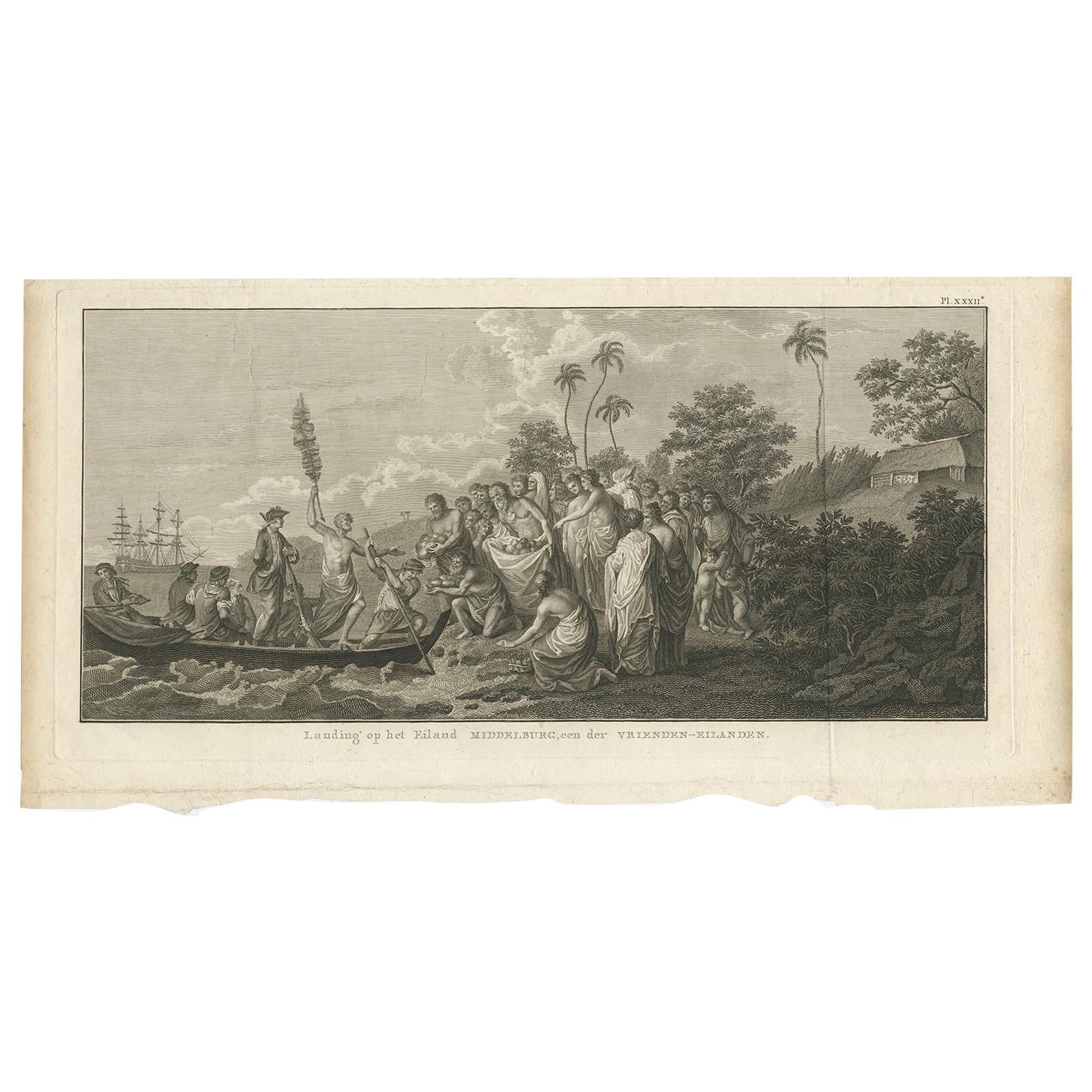 Antiker antiker Druck des Ausflüges auf der Insel Middelburg von Cook, 1803