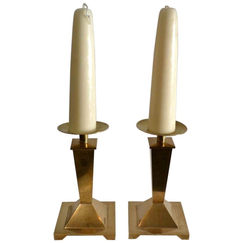 Pair of Square Brass 1950's Candleholders