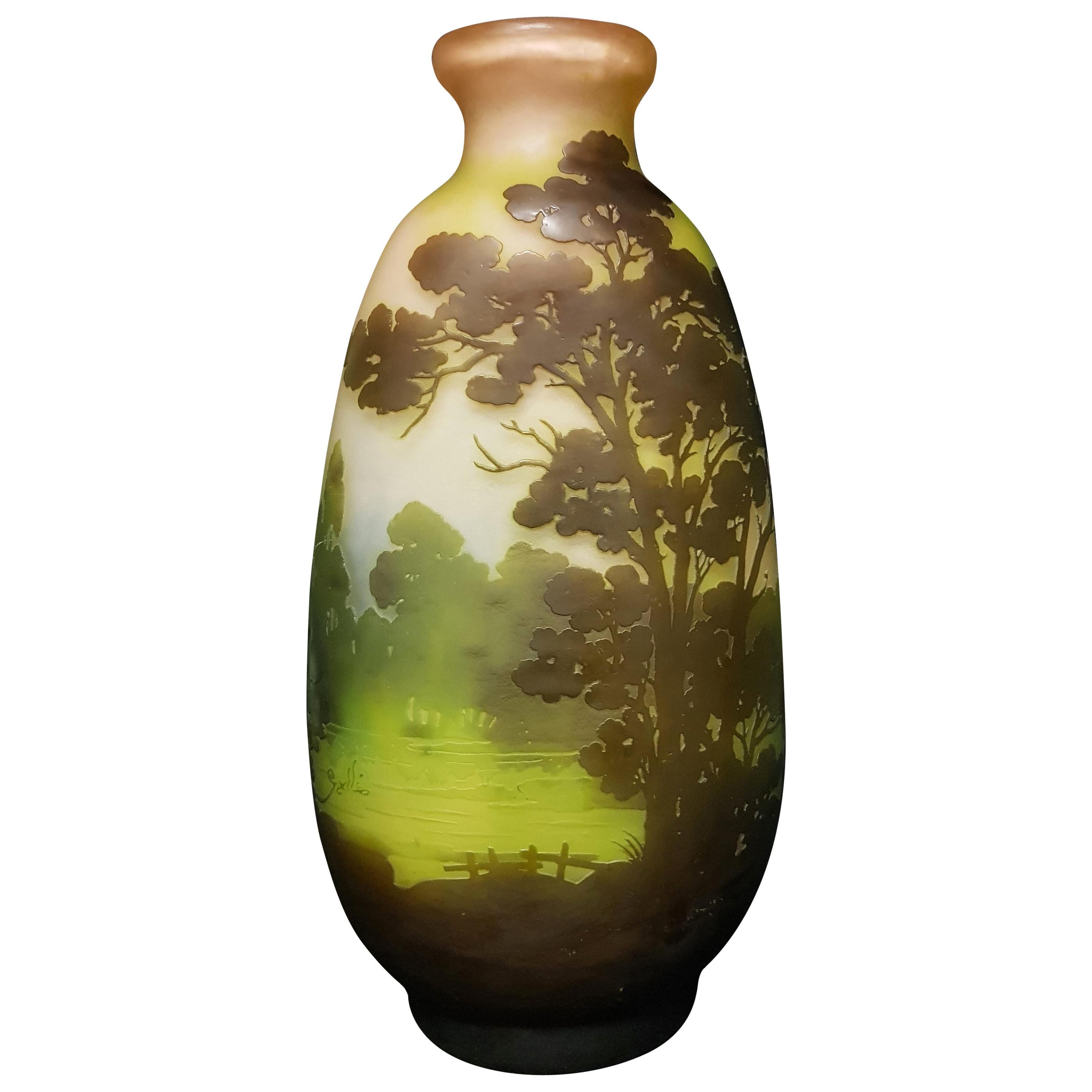 Emile Gallé Art Nouveau Lake Landscape Decoration Glass Vase, 1910s