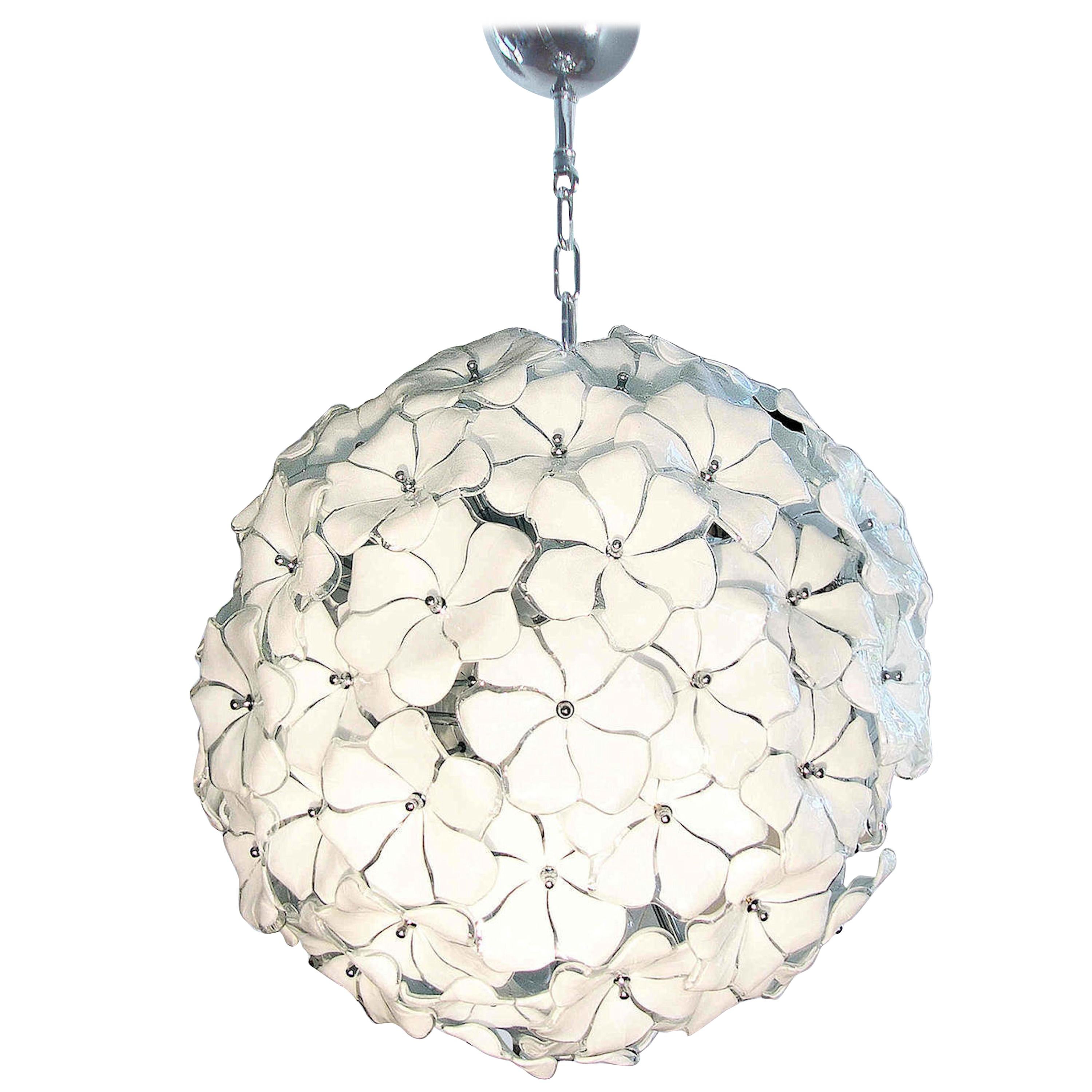 Large Murano White Flowers Chandelier, by Mazzega, Mid-Century Modern, 1970s