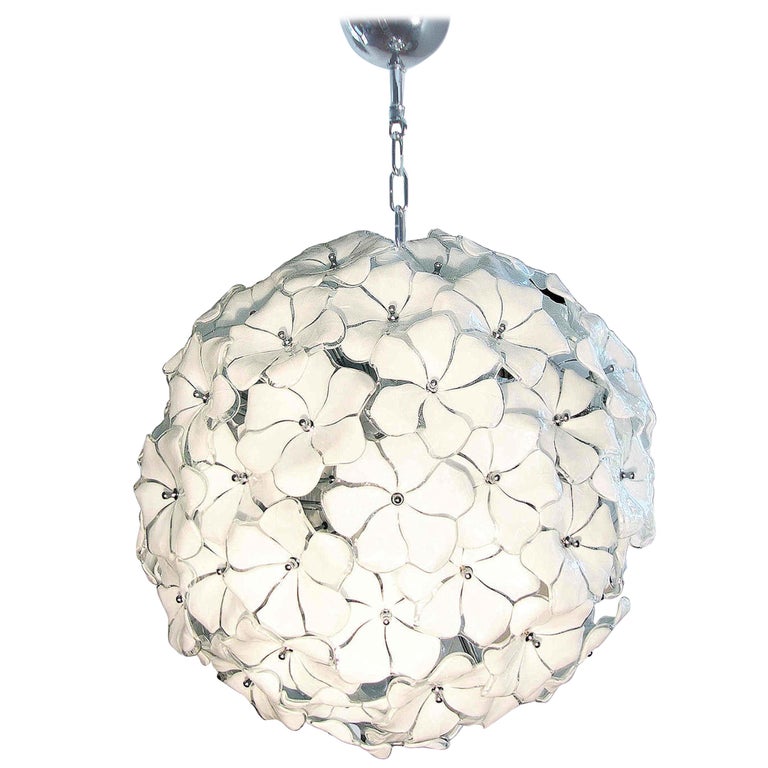 Large Murano White Flowers Chandelier By Mazzega Mid