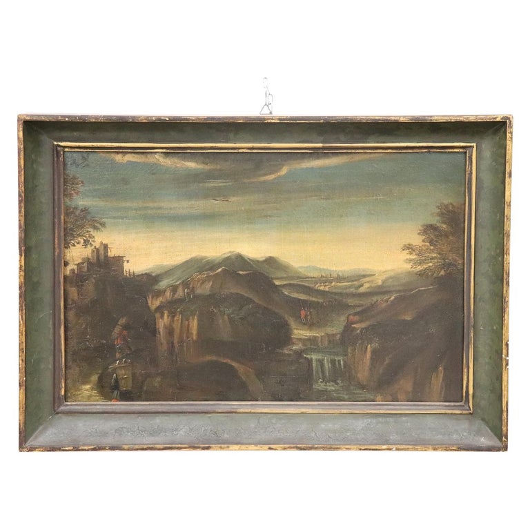 18th Century Italian Oil Painting on Canvas Landscape with Wayfarers with Frame For Sale