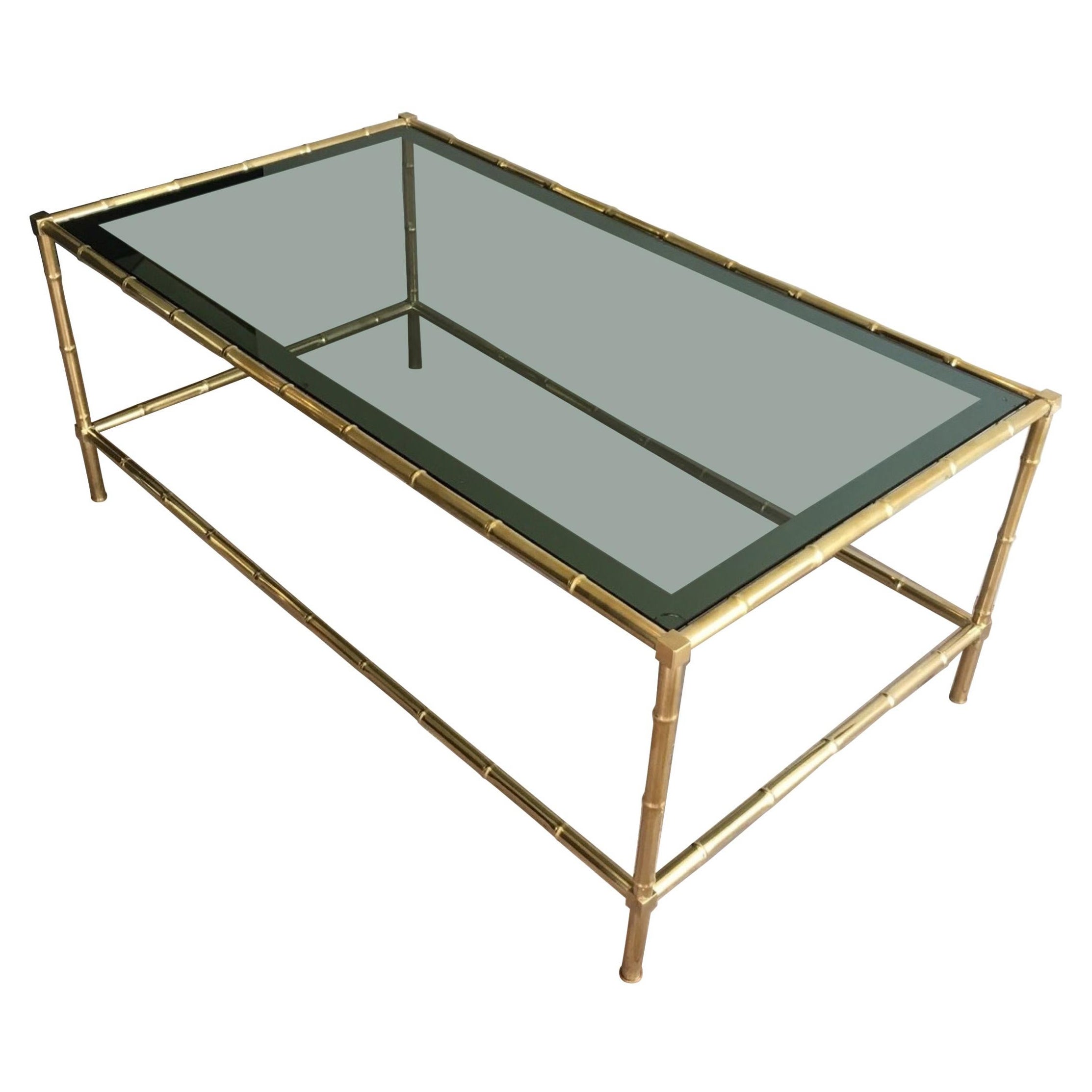 Faux-Bamboo Brass Coffee Table with Blueish Glass Top