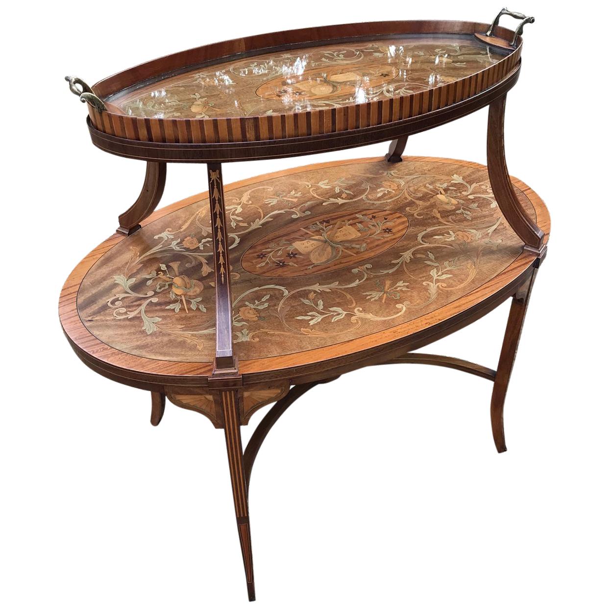 19th Century Mahogany Marquetry Tier Tray Table by S & H Jewell, London For Sale