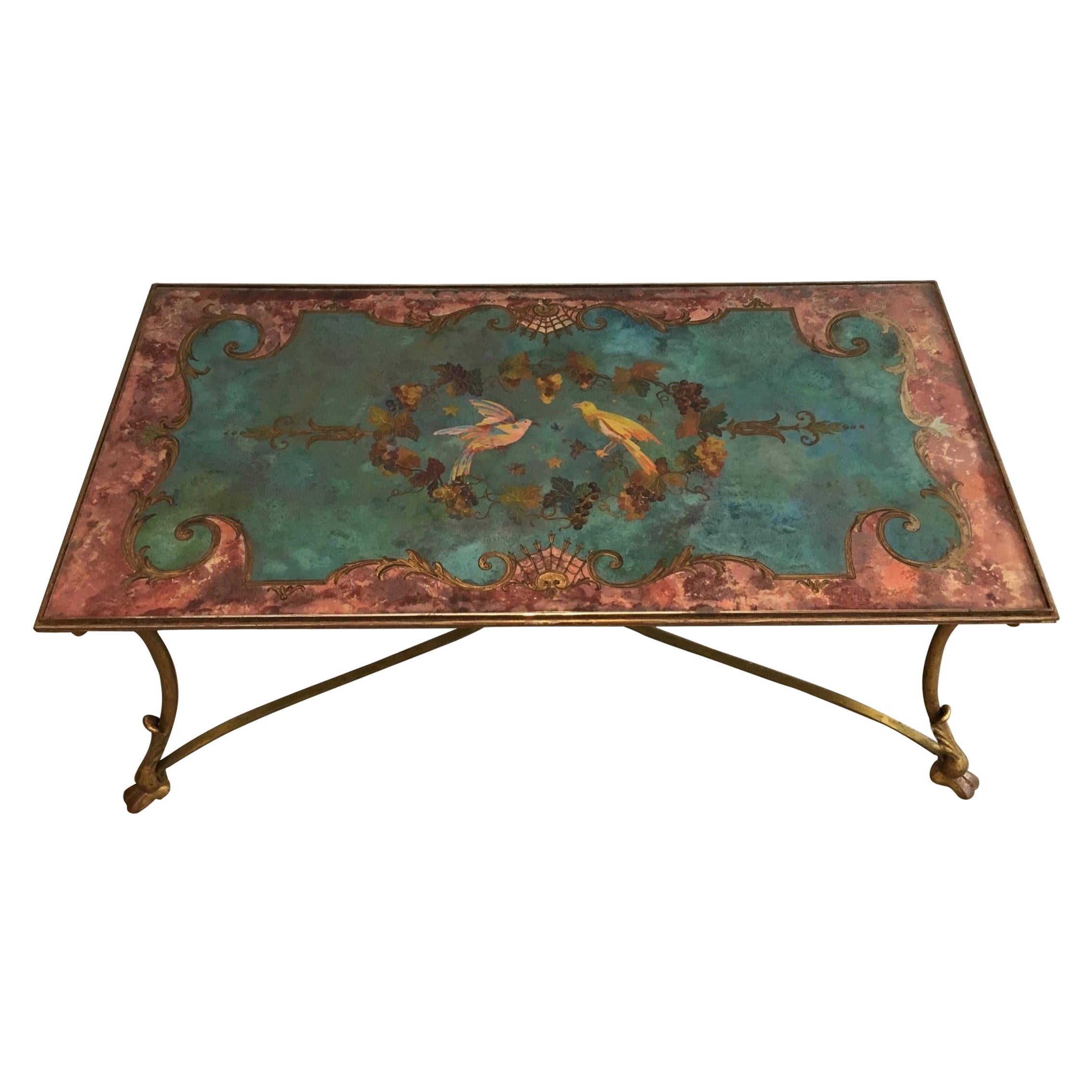 Coffee Table with Beautiful Painting on Top Representing Birds and Flowers