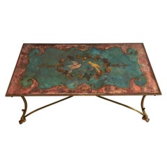 Coffee Table with Beautiful Painting on Top Representing Birds and Flowers
