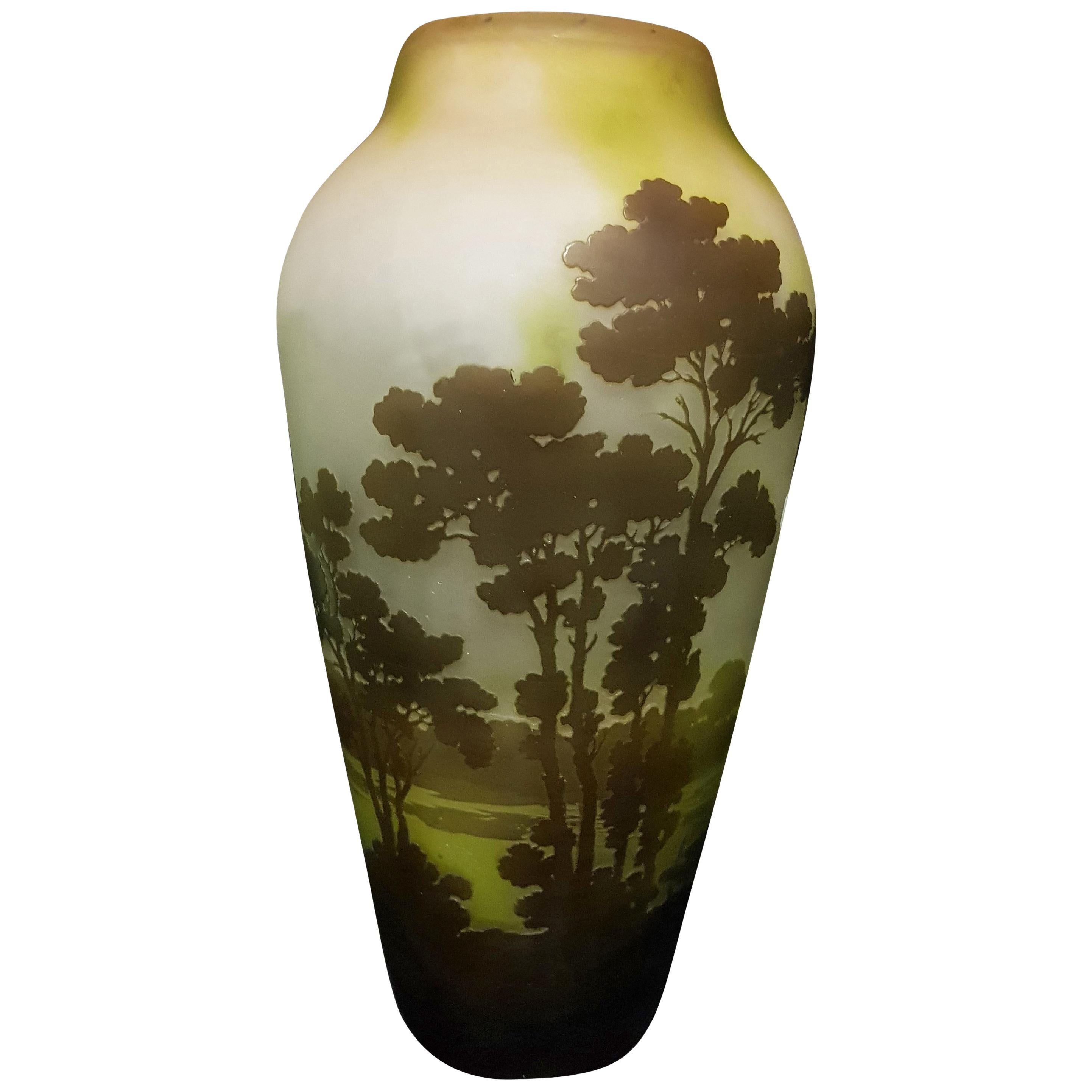 Emile Gallé Art Nouveau Lake Landscape Decoration Glass Vase, 1910s