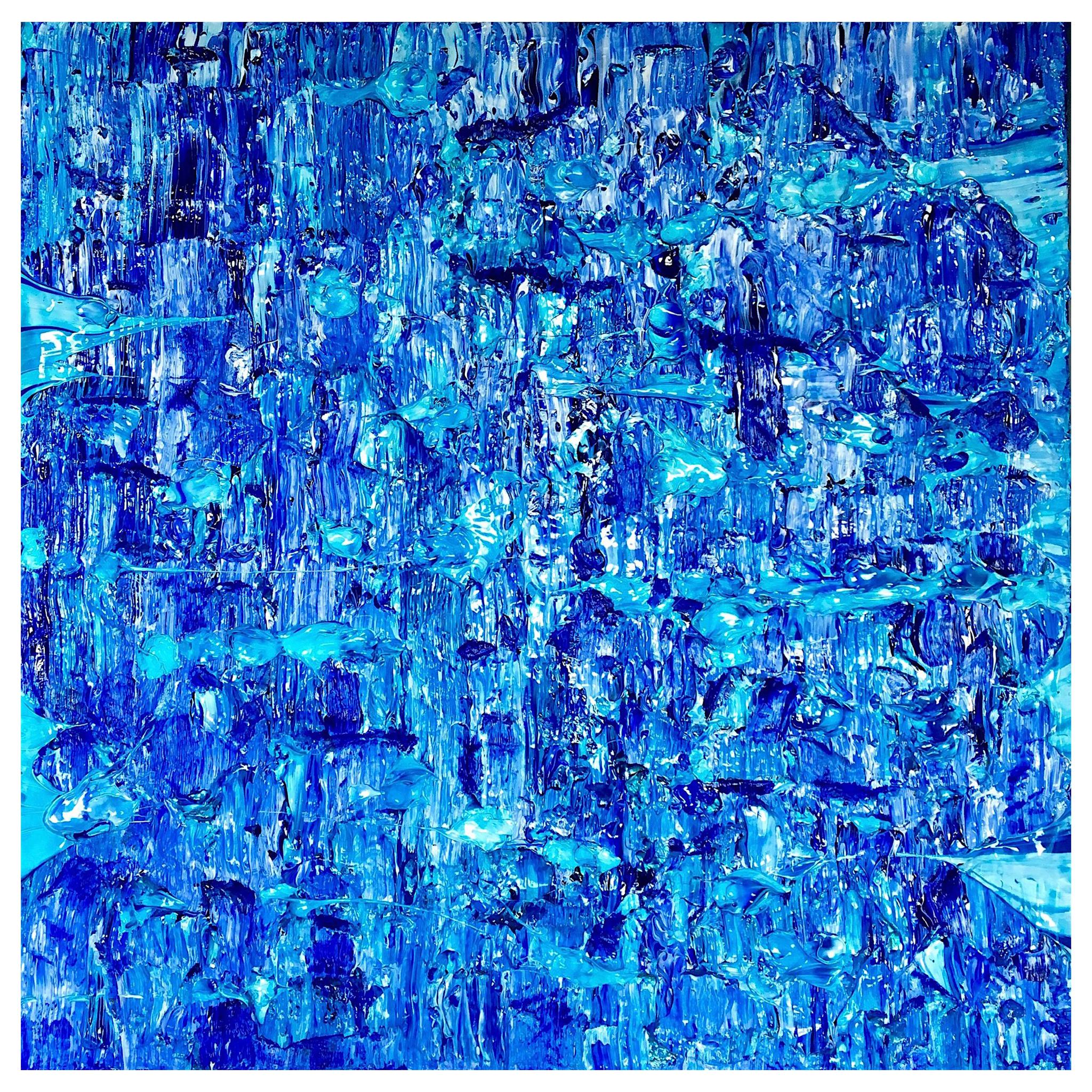 Painting Marina 8 by Liora Textured Square Blue Abstract Canvas Contemporary  For Sale