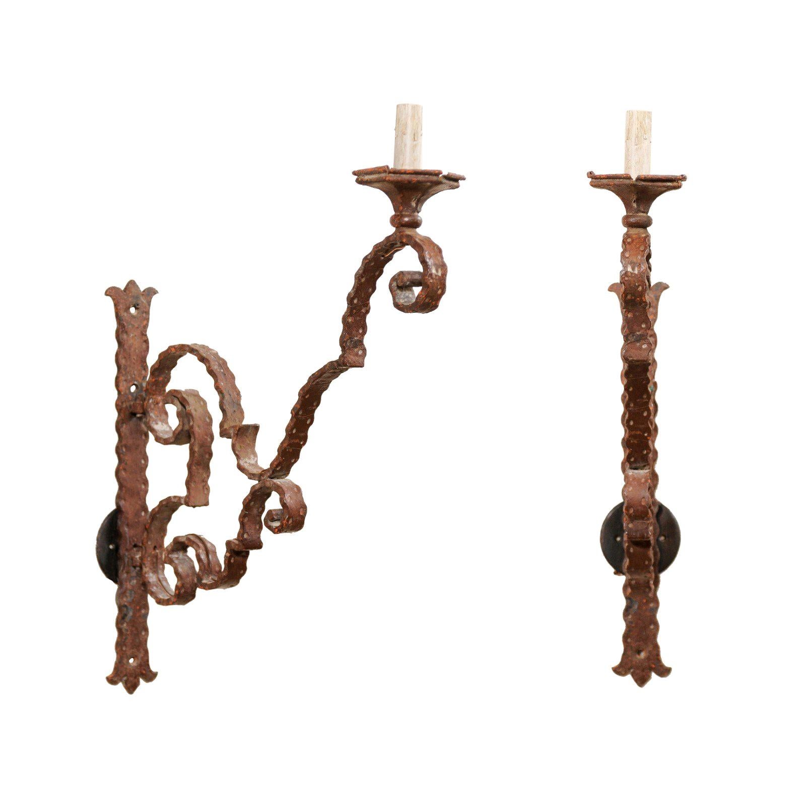 Pair of 19th Century Italian Scrolling Iron Single Light Sconces, 34" Tall For Sale