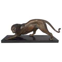 Art Deco Large Crouching Panther Bronzed Spelter Sculpture Signed Plaganet