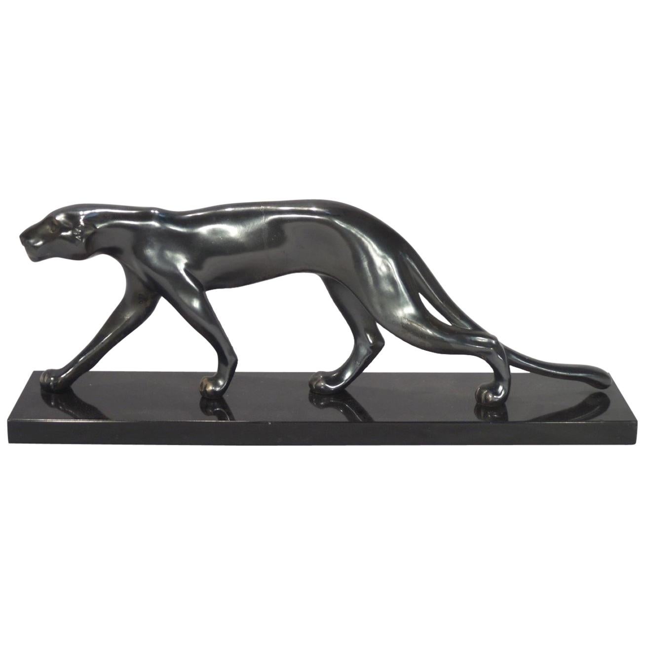 Art Deco Prowling Black Panther Sculpture French 1930  on Marble Base