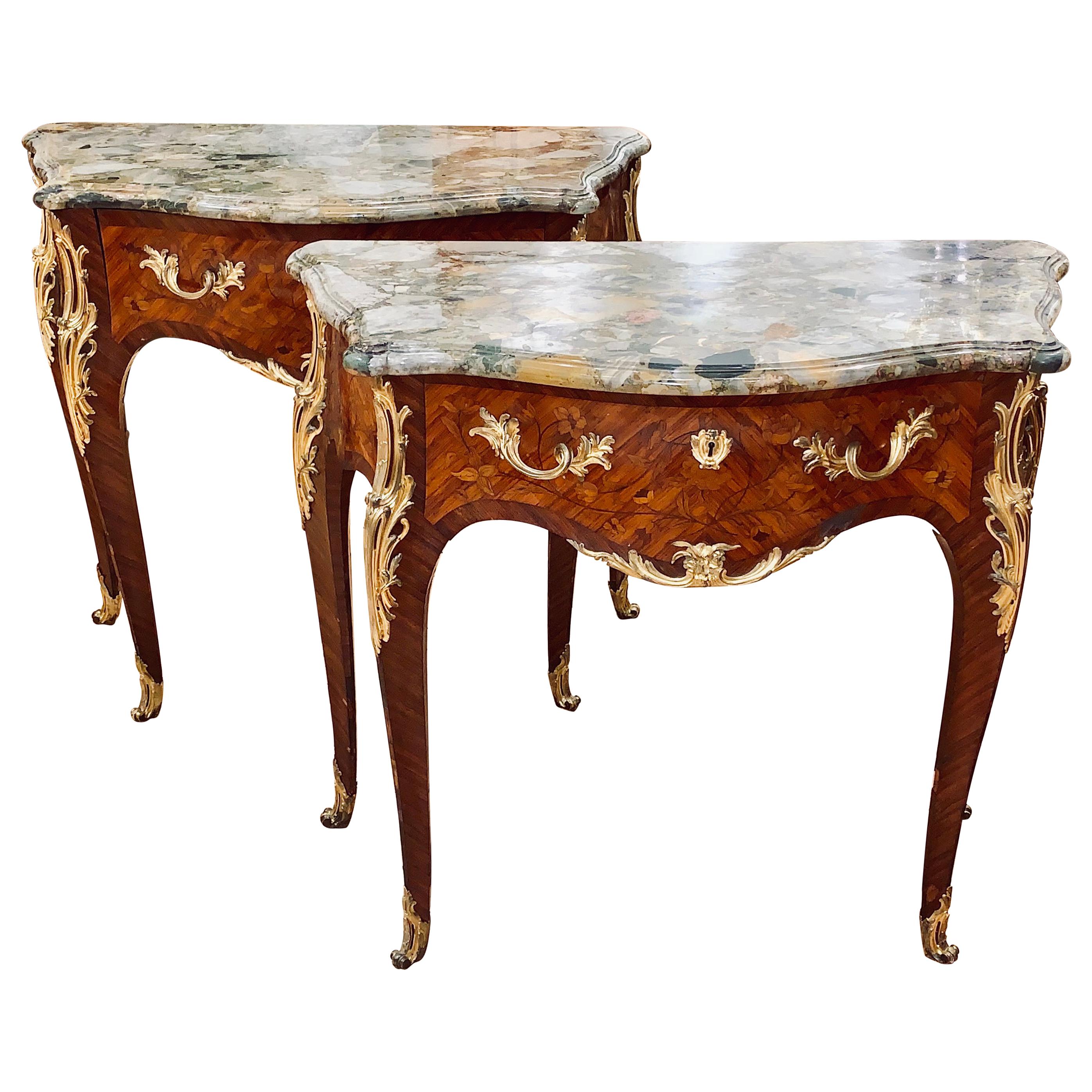 Pair of Louis XV Marquetry Marble Top Commodes or Consoles