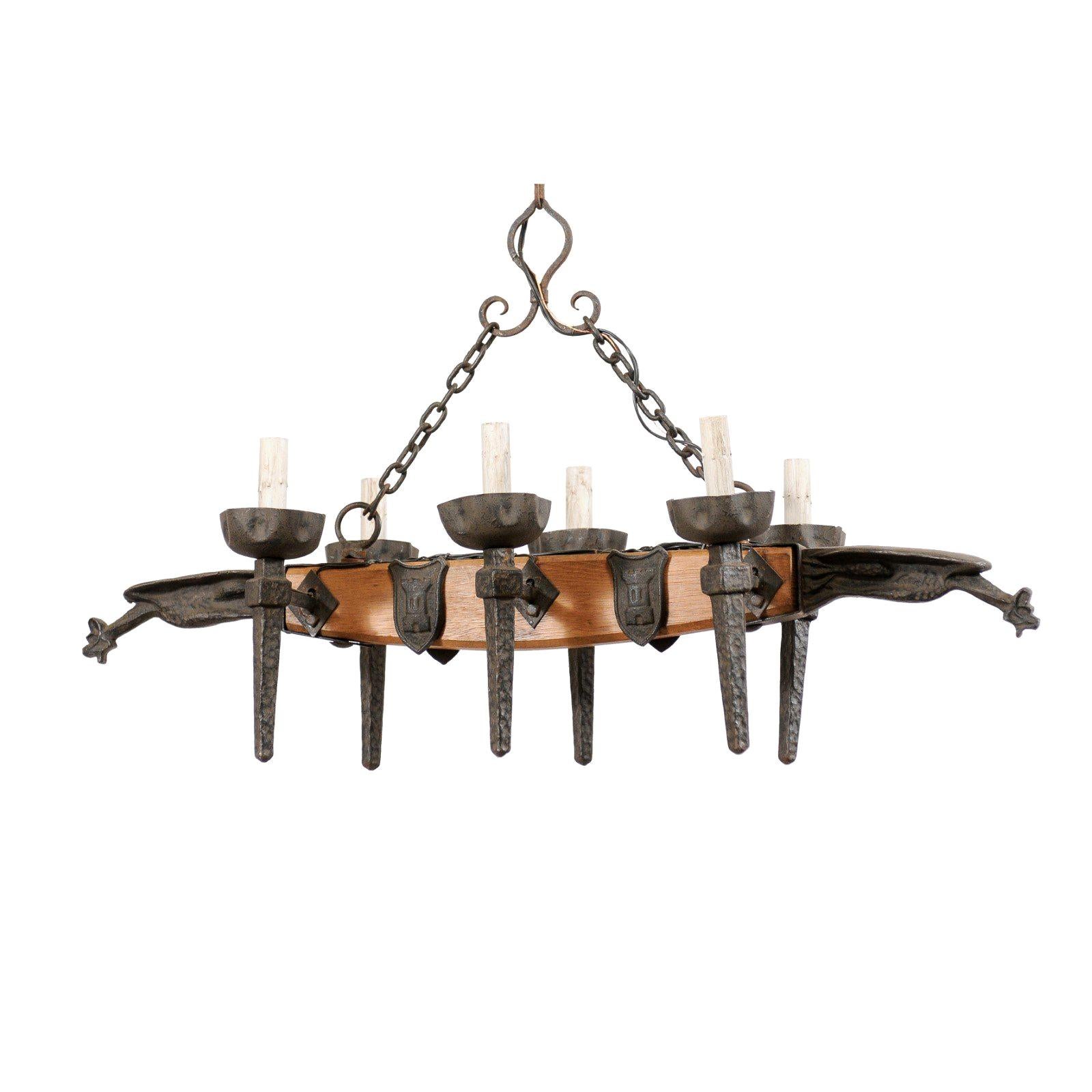 French Mid-20th Century Wood Beam and Iron Chandelier