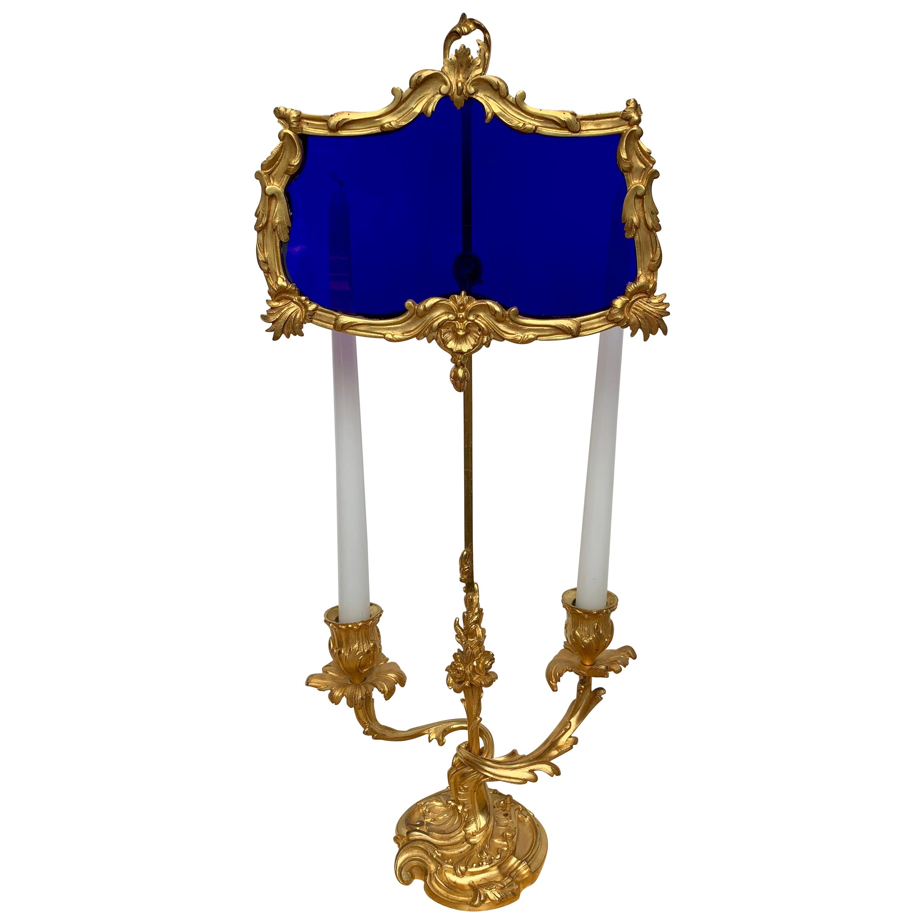 19th Century Ormolu and Cobalt Glass Miracle Bouillotte Lamp