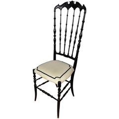 1970s Italian Carved Wood Black Chiavari Chair in Contemporary Modern Upholstery